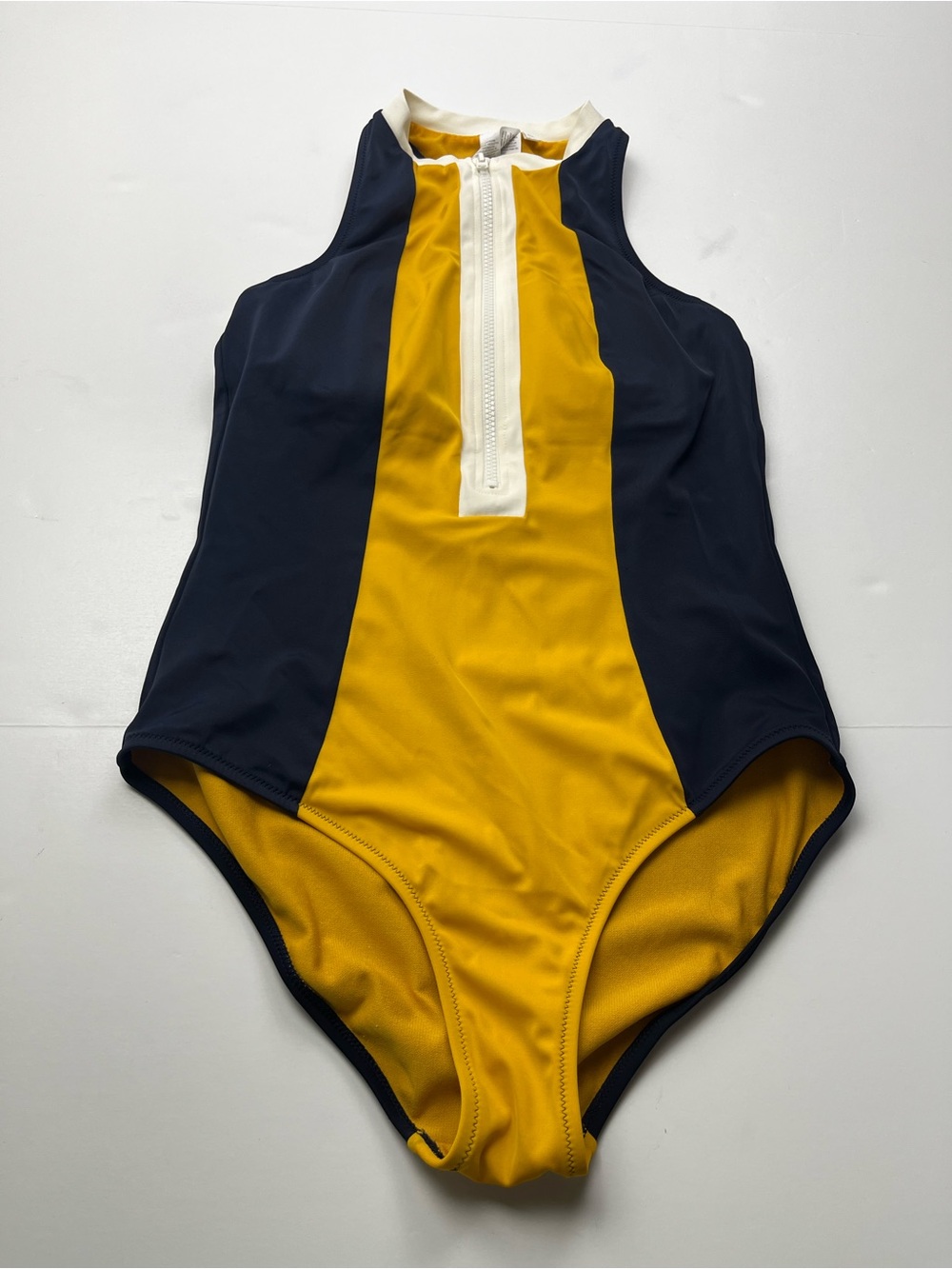 Boden Womens One Piece Swimsuit Two-Tone Navy Blue Yellow Zip-Front US 8 Summer